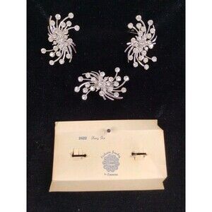 Vtg Emmons Fiery Ice Rhinestone Ear Climber Clip Earrings & Brooch Unsigned